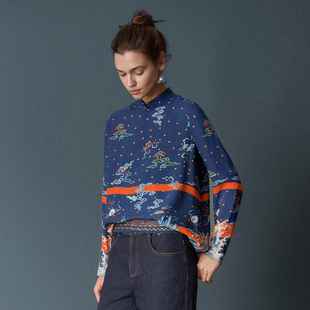 HUI卉桑蚕丝雪纺海水江崖纹新中式 立领瑾瑜色上衣2025秋冬新款