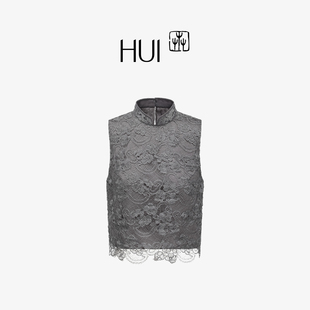 HUI卉2025秋季新款暮云灰色镂空透视蕾丝网布绣花新中式立领上衣