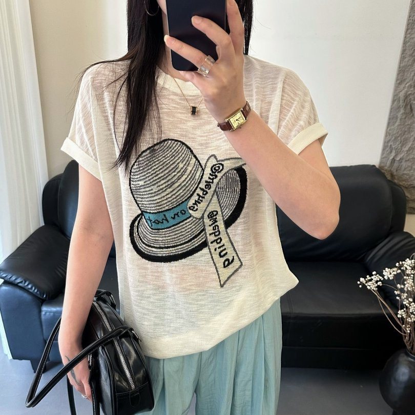 夏季薄款提花短袖针织T恤女