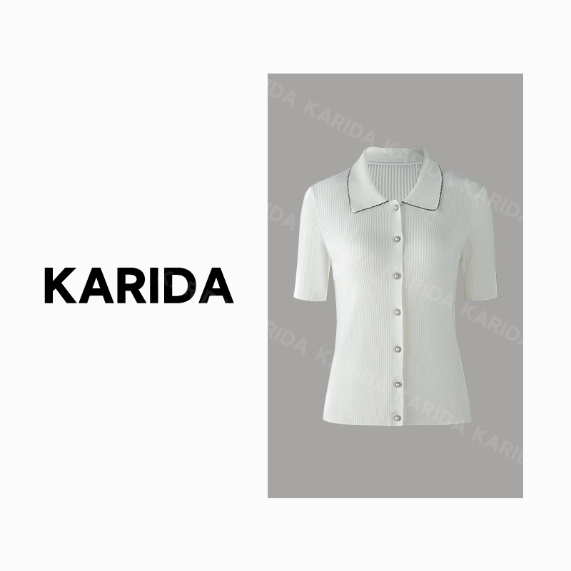 karida珂芮达【南法佳人】法式花边polo领羊毛混纺短袖开衫针织衫