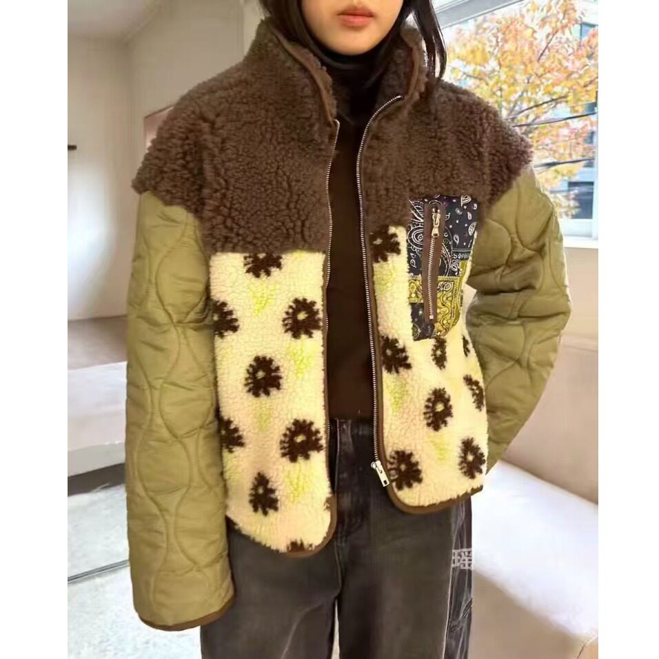 韩国东大门秋冬26新款立领拉链摇粒绒拼接棉服时尚百搭外套开衫女
