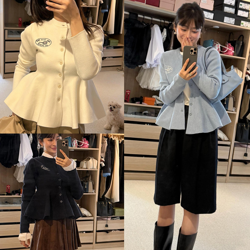 日韩跨境外贸春秋新款重工荷叶边刺绣针织开衫女重工针织上衣外套