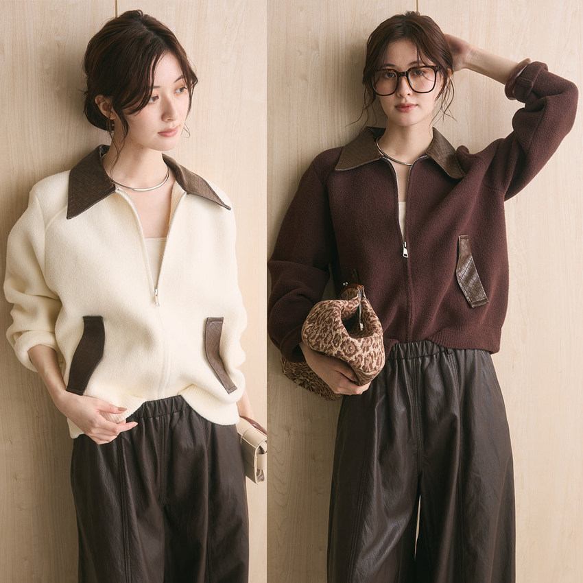 日系跨境PU皮领拼接翻领简约风乳仿羊绒开衫毛针织衫女2026新款