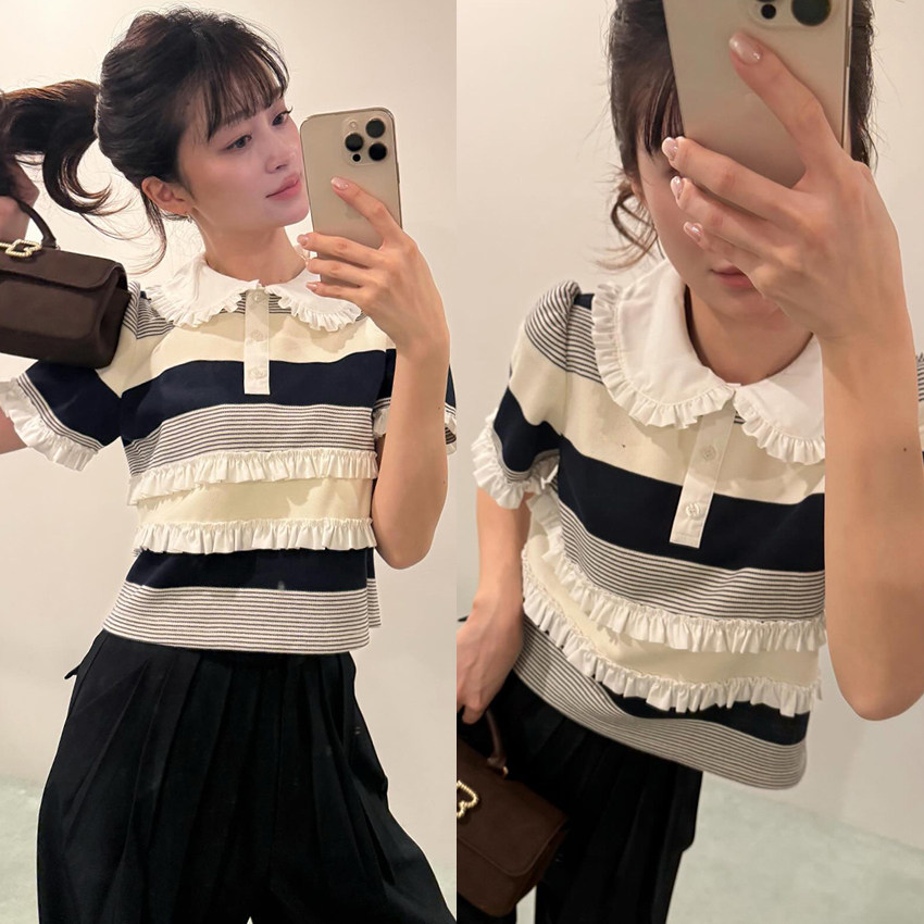 日韩chic夏季条纹短袖针织衫拼接女简约娃娃衫拼接木耳边针织上衣