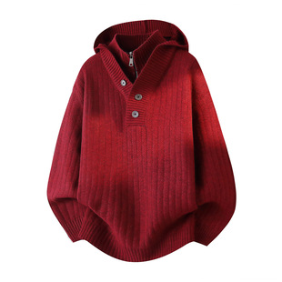 高定红色假两件连帽毛衣男冬季慵懒毛线衣本命年高级感针织卫衣