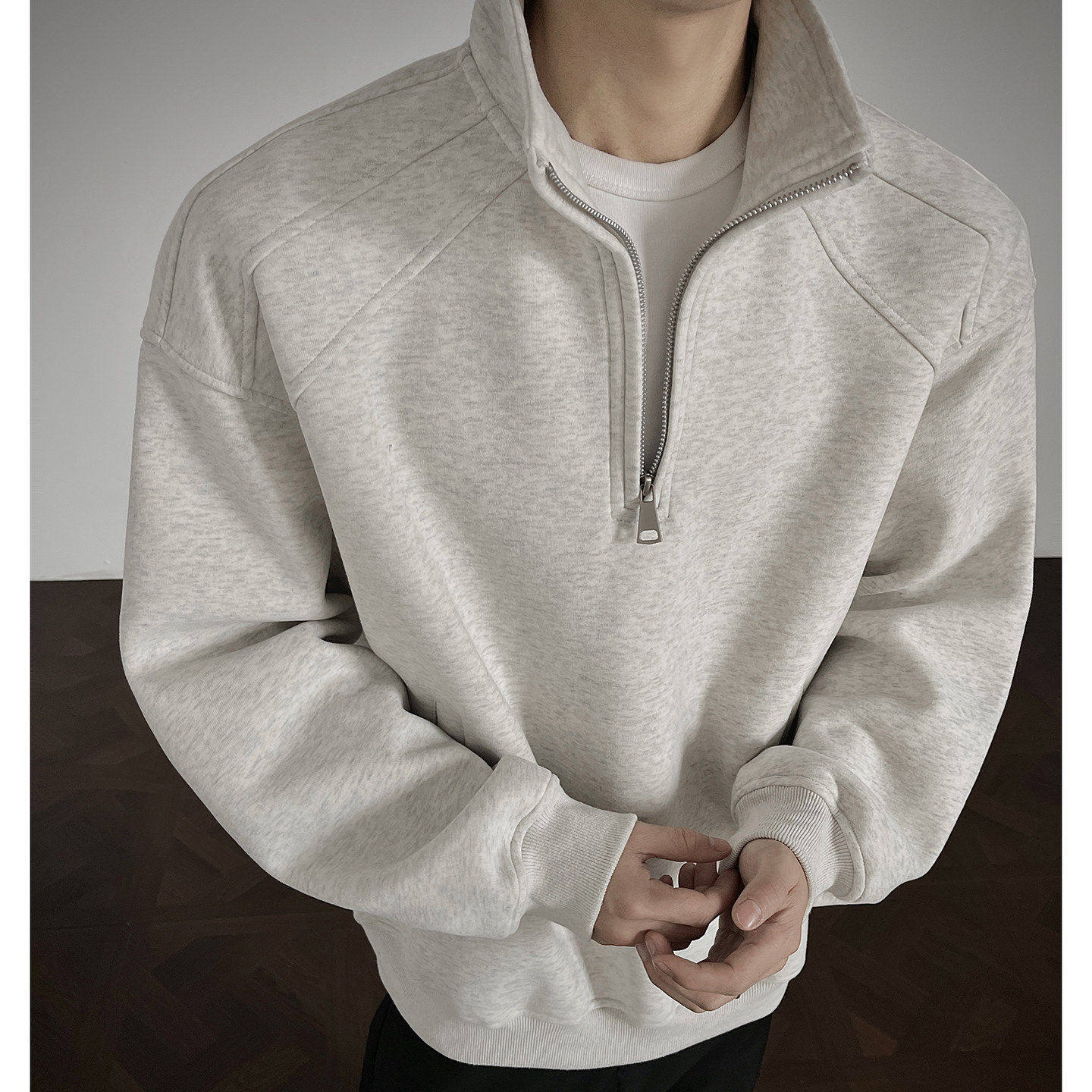 黑色半拉链Polo衫男秋季cleanfit解构套头卫衣美式高级感立领外套