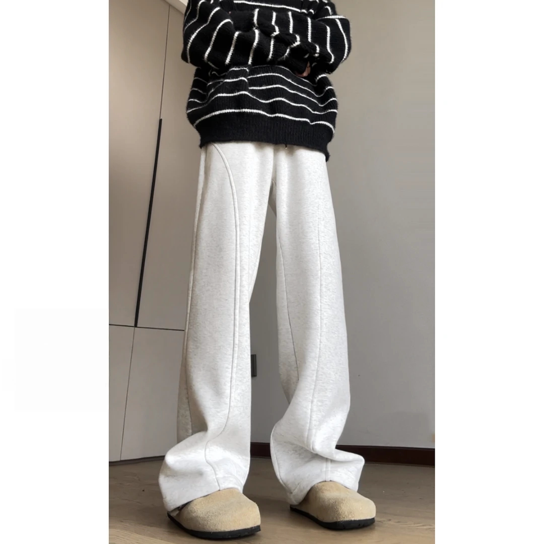 春季美式斜切弯刀微喇灰色卫裤男裤子直筒百搭垂感休闲裤显瘦