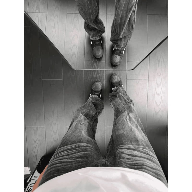 美式高街闪电纹牛仔裤男款秋冬水洗vibe裤子窄版修身直筒微喇长裤