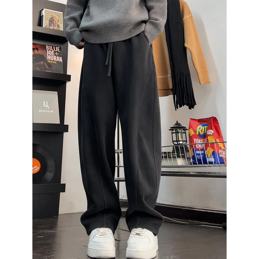 水洗baggy风慵懒松弛感运动卫裤男生加绒直筒男裤飘带阔腿弯刀裤