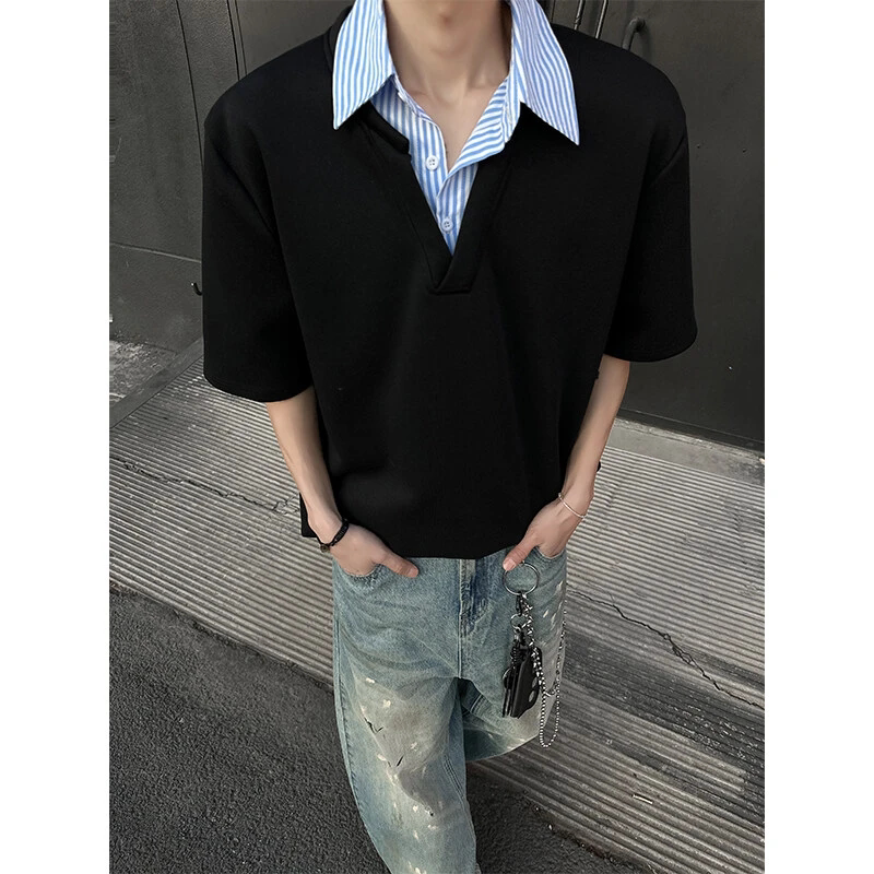 cleanfit假两件短袖男夏季内搭美式复古重磅正肩t恤衬衫领polo衫