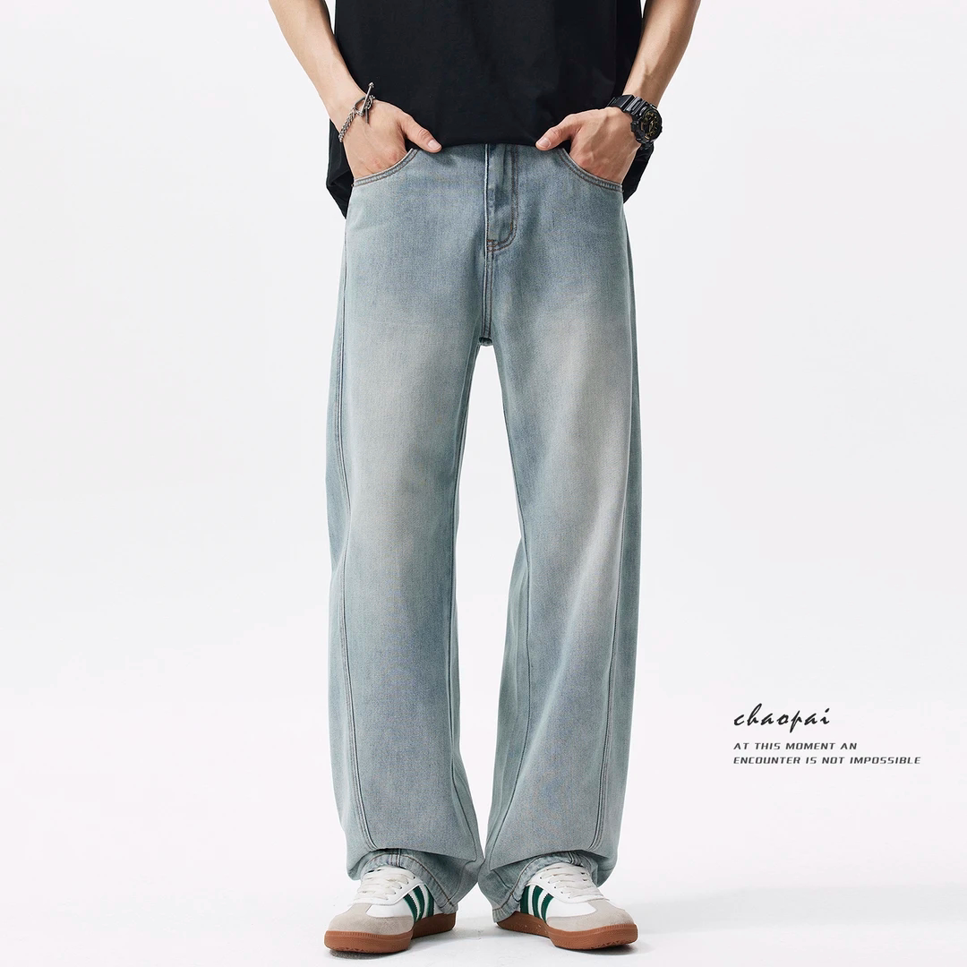 2026春季新款莱赛尔弯刀牛仔裤男水洗复古浅蓝色宽松直筒阔腿长裤