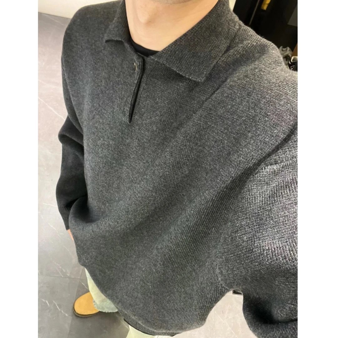 灰色polo领毛衣慵懒高级感冬季重磅翻领针织衫男款长袖时尚休闲