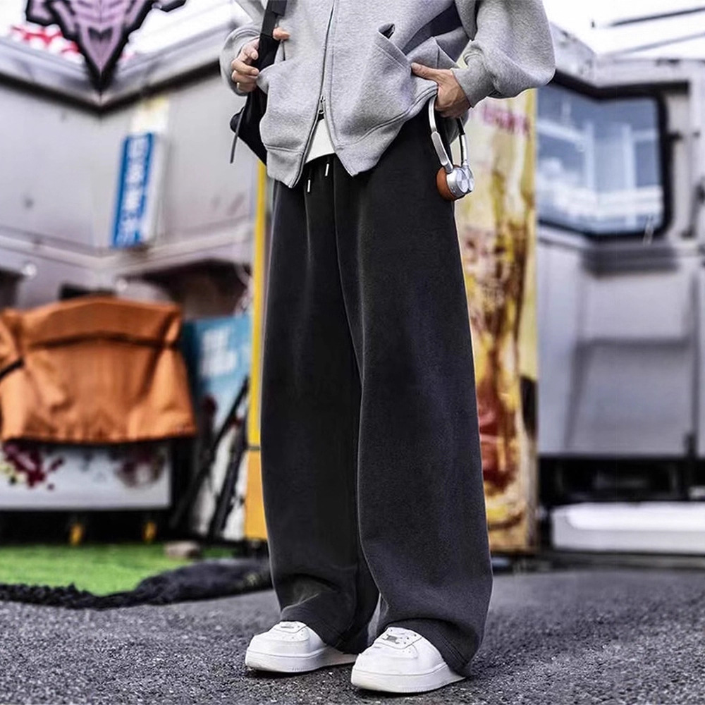 水洗破坏运动卫裤男加绒巴家卫裤宽松直筒长裤垂感拖地阔腿男裤子