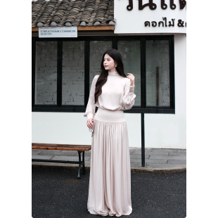 连衣裙女春季 糯米子 缎面褶皱长袖 法式 礼服裙微胖长裙 月光华尔兹