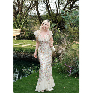 浪漫碎花裙子抹胸蕾丝连衣裙女显瘦鱼尾长裙 法式 糯米子 南法假日