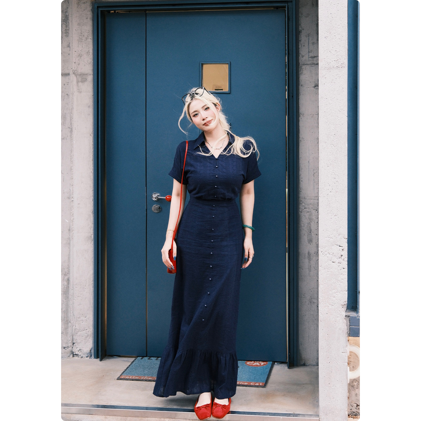 糯米子[蓝洞之心]蓝色连衣裙女夏季微胖梨形身材少女感法式连衣裙