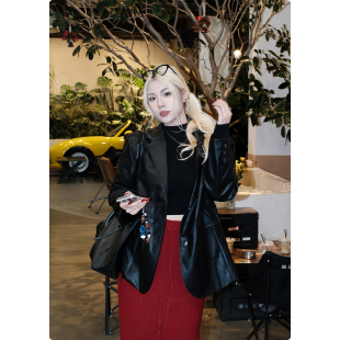 秋冬加绒韩版 复古皮衣外套女西装 宽松高级感 黑皮手册 糯米子