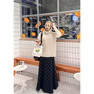 秋冬加厚A字裙 斜纹蓝灰格纹磨毛半身裙女新款 糯米子 定格半裙