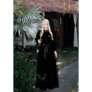 糯米子[黑天鹅]黑色丝绒连衣裙秋冬季加厚赫本风显瘦微胖大码裙子