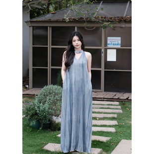 糯米子 度假风晕染薄纱挂脖吊带V领连衣裙背心长裙子 忘忧岛