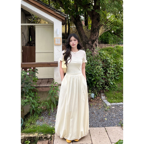 糯米子[薇妮少女]圆领镂空蝴蝶结短袖连衣裙女显瘦A字花苞长裙