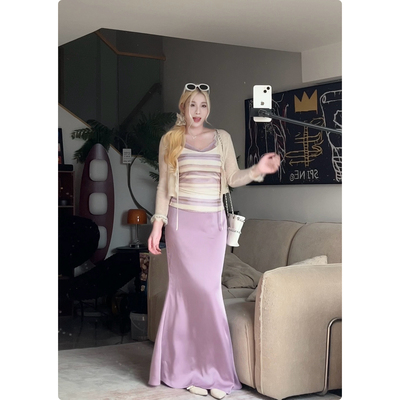 糯米子[无尽假日半裙]缎面半身裙a字垂感高腰长款设计感鱼尾裙