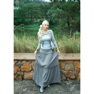 糯米子[层叠长裙]韩系松紧腰木耳边拼接半身裙垂感针织A字长裙