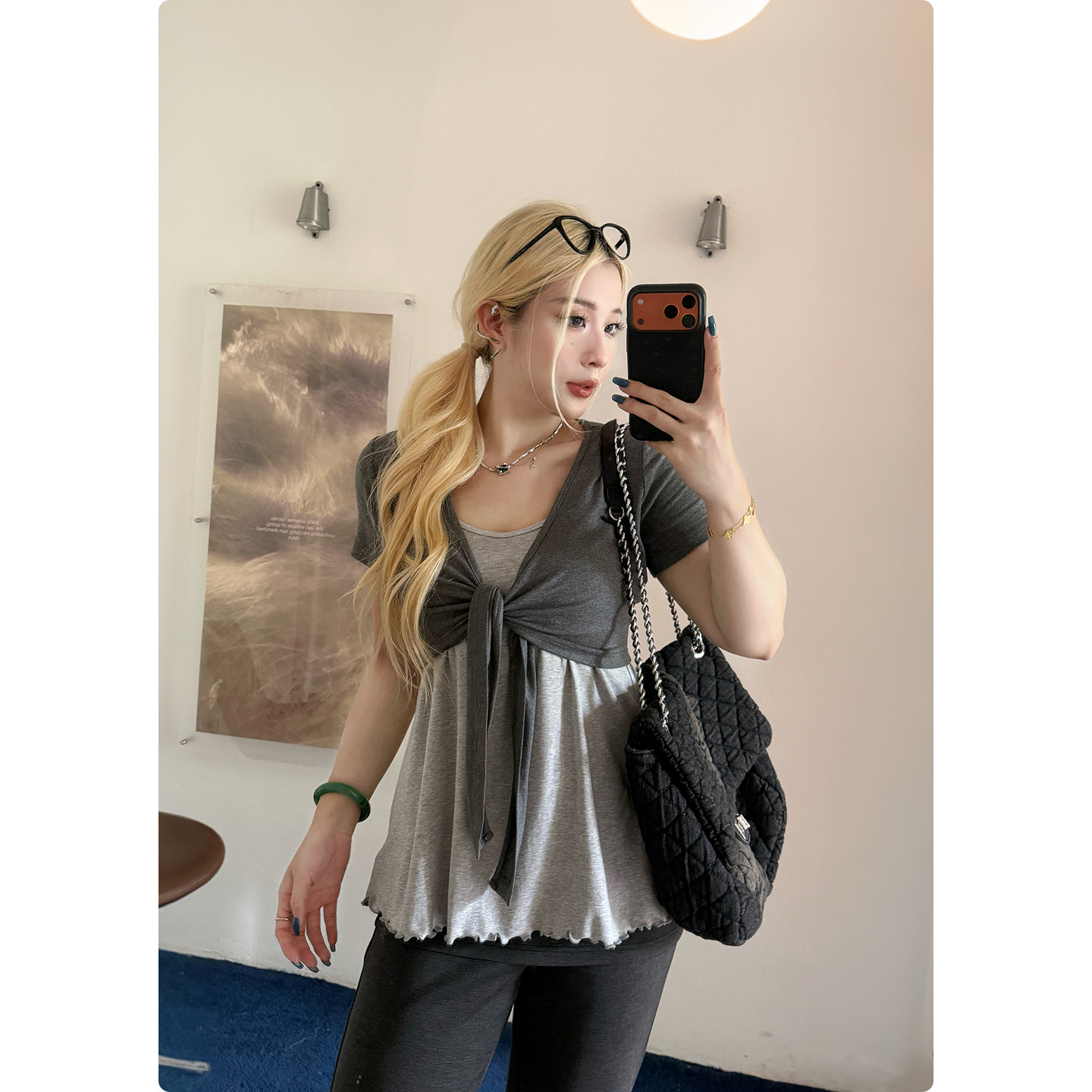 糯米子[高效时髦上衣]BM风假两件针织衫吊带绑带短袖开衫上衣