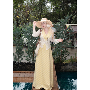 浪漫v领挂脖连衣裙女设计感度假风大长裙 法式 糯米子 多汁阳光