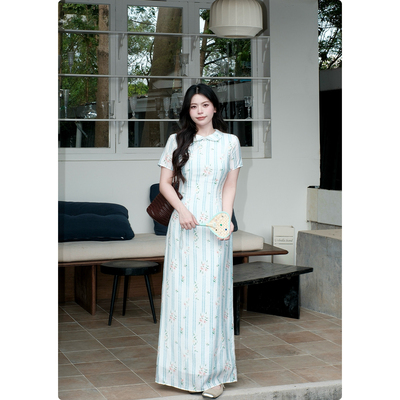 糯米子[景年知春]新中式改良旗袍翻领盘扣碎花显瘦短袖连衣裙