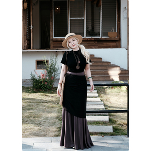 糯米子 假两件黑褐色亚文化网纱棉质包臀鱼尾双层裙 复活裙