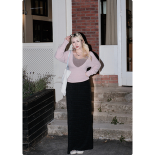 显瘦休闲直筒裙子 黑灰色条纹半身裙秋冬新款 糯米子 条纹情书