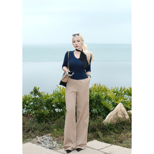 雅痞老钱 宽松直筒裤 拉夫美学 显瘦休闲裤 女 极简卡其裤 糯米子