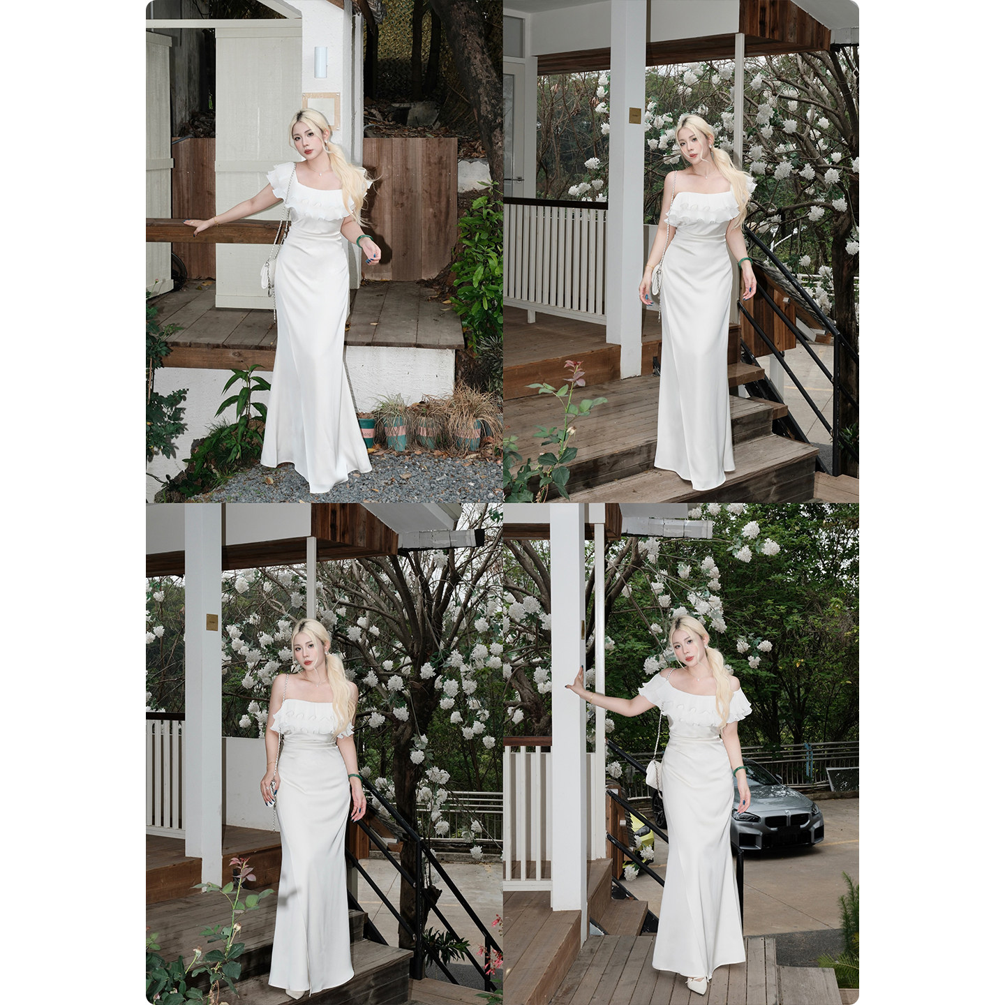 糯米子[天鹅湖]法式纯欲风缎面鱼尾连衣裙一裙四穿女晚礼长裙