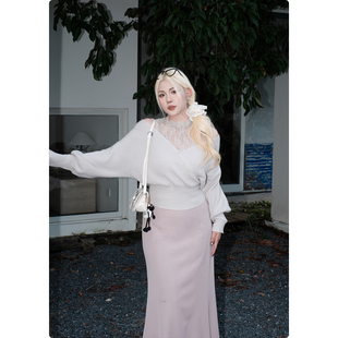 糯米子 假两件露肩上衣女秋冬设计感一字肩拼接T恤 人鱼信笺上衣