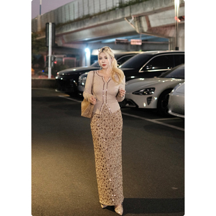 糯米子 春秋高级感重工闪钻亮片小香风微胖半身裙子 星幕主宰半裙