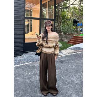 秋季 咖色阔腿裤 新款 加绒休闲裤 糯米子 高腰直筒长裤 热美式