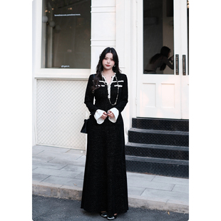 糯米子 重磅银丝贝格肌理织带小香风鱼尾连衣裙子黑色 名流大小姐