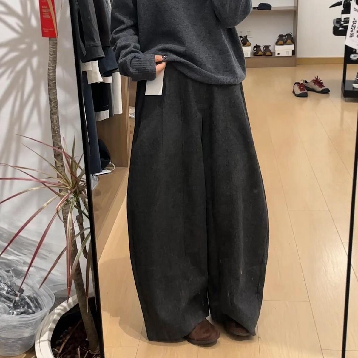 老钱风黑灰色羊毛弧形弯刀裤2025秋冬高端洋气软糯保暖毛呢休闲裤