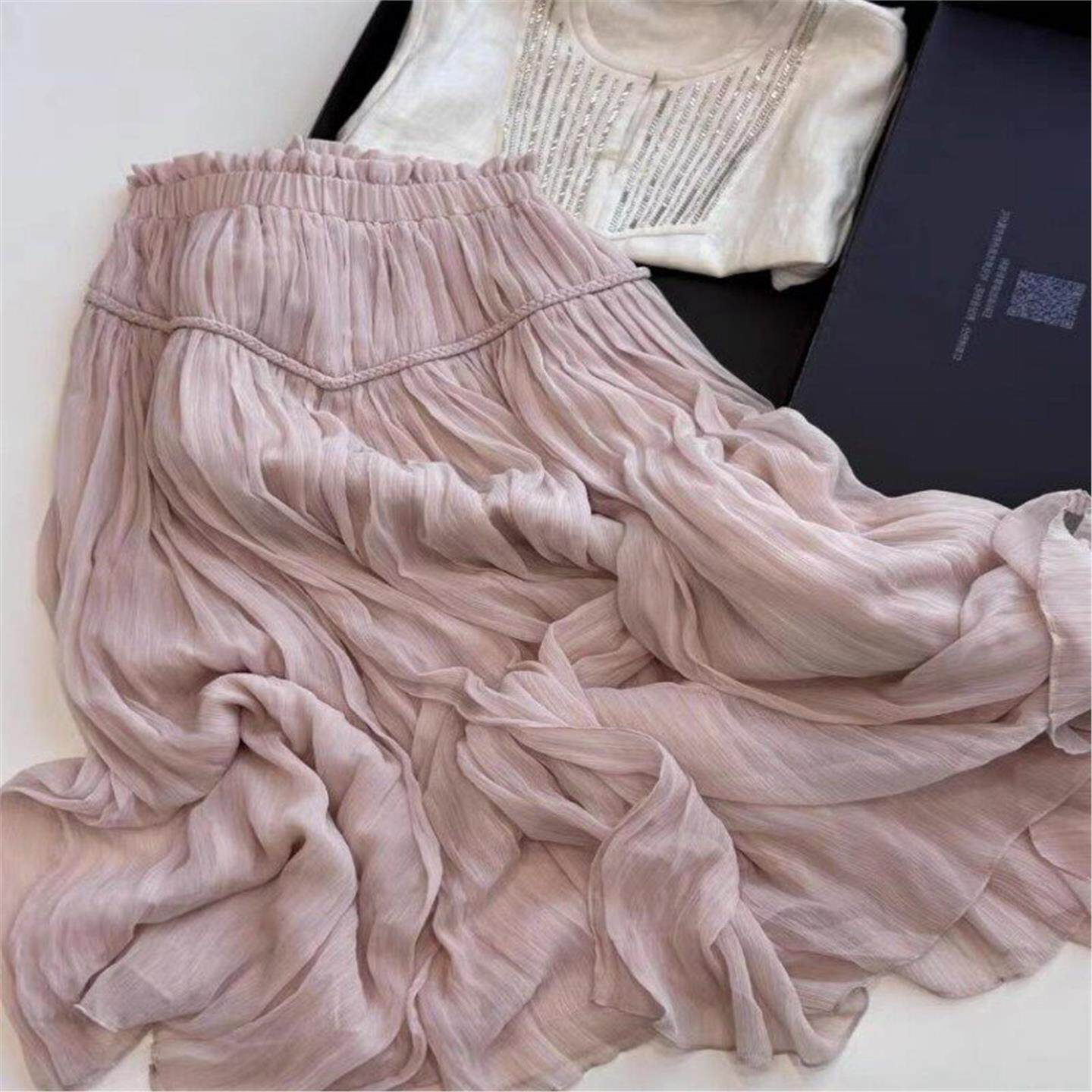 深圳南油高端货~粉色麻花拼接半身裙女夏季松紧高腰垂感a字中长裙