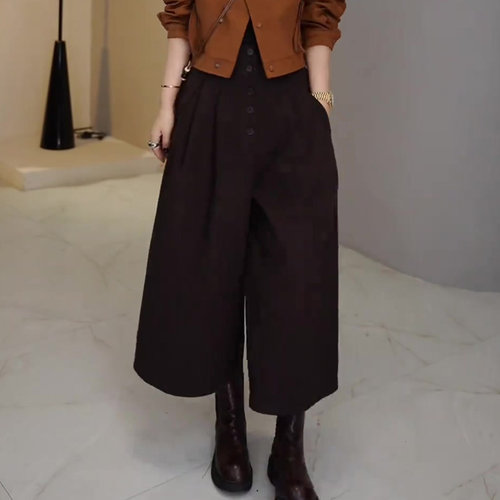 深圳南油高端货~毛呢阔腿裤女秋高腰显瘦大码休闲八分裤西装裤子