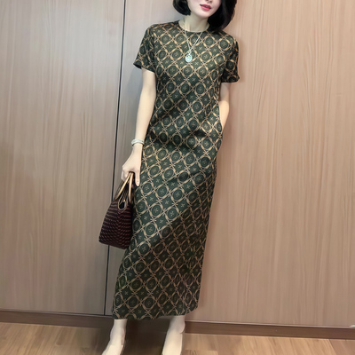 深圳南油轻奢高端货印花连衣裙女夏季法式时尚气质宽松显瘦直筒裙