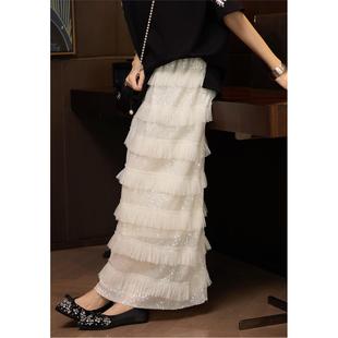 深圳南油轻奢高端货~重工亮片网纱花边拼接高腰A字半身裙蛋糕裙春