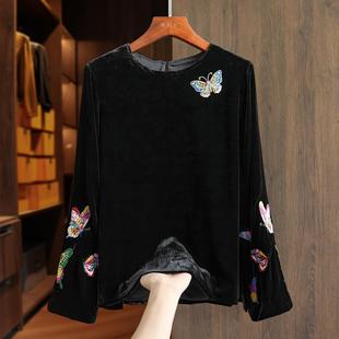 深圳南油轻奢高端货蝴蝶真丝绒刺绣衬衫女长袖减龄高贵金丝绒上衣