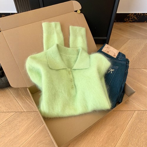 软糯马海毛polo领绿色宽松套头毛衣女外穿慵懒高级感女针织衫上衣