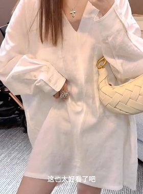 清仓一线品牌慵懒风极简白色V领长袖连衣裙女松遮肉显瘦中长裙夏