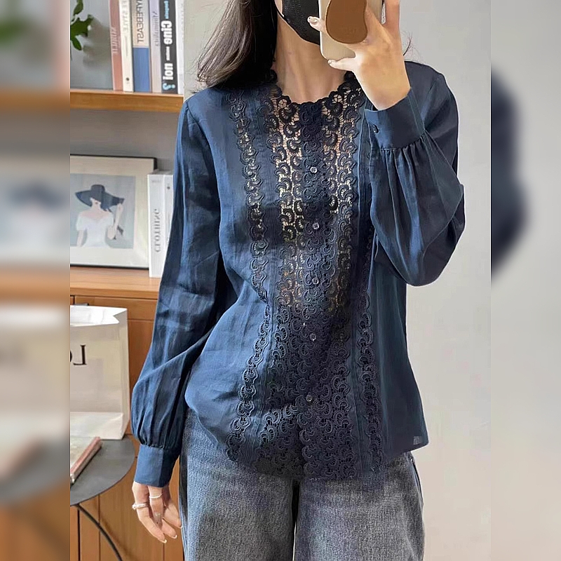 CHAO级推荐！小众穿搭蓝色蕾丝拼接小衫上衣漂亮法式气质女士衬衫