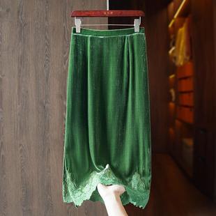 深圳南油轻奢高端货~绿色高级感蕾丝拼接丝绒半身裙女秋2025裙子