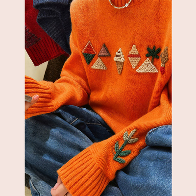 多巴胺胡萝卜橘色立体公仔钩花针织衫慵懒高级感松弛感毛衣2025秋