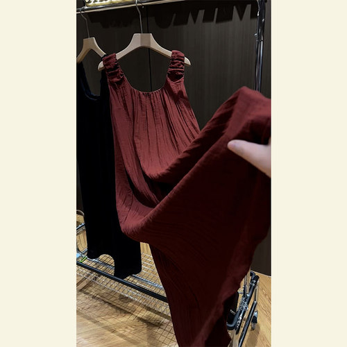 清仓一线品牌专柜南法度假风约会裙酒红色棉麻亚麻背带连衣裙夏